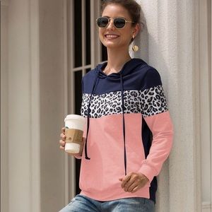 Leopard Long Sleeve Color Block Drawstring Sweater